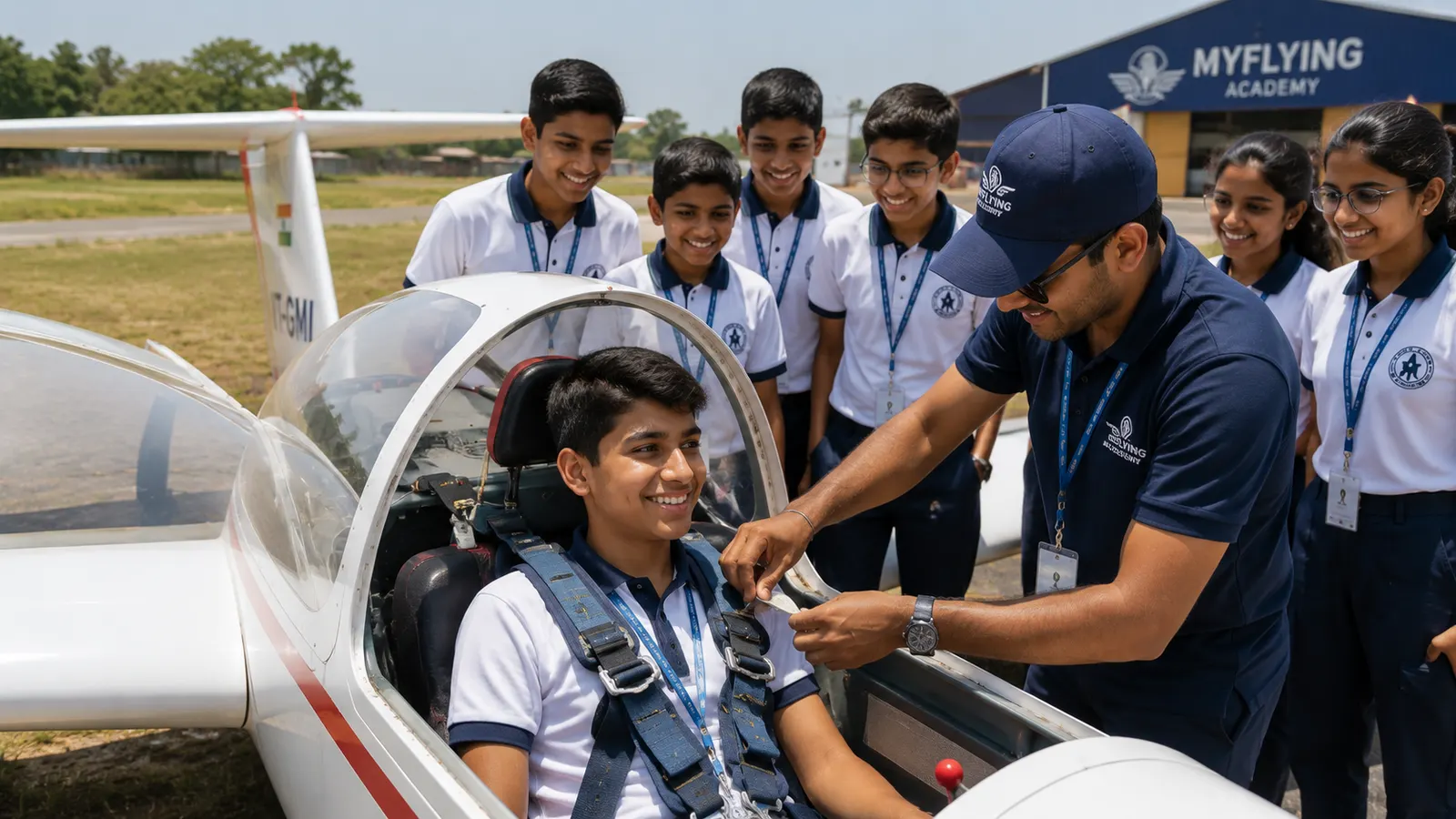 Student preparing inside a glider cockpit with instructor support