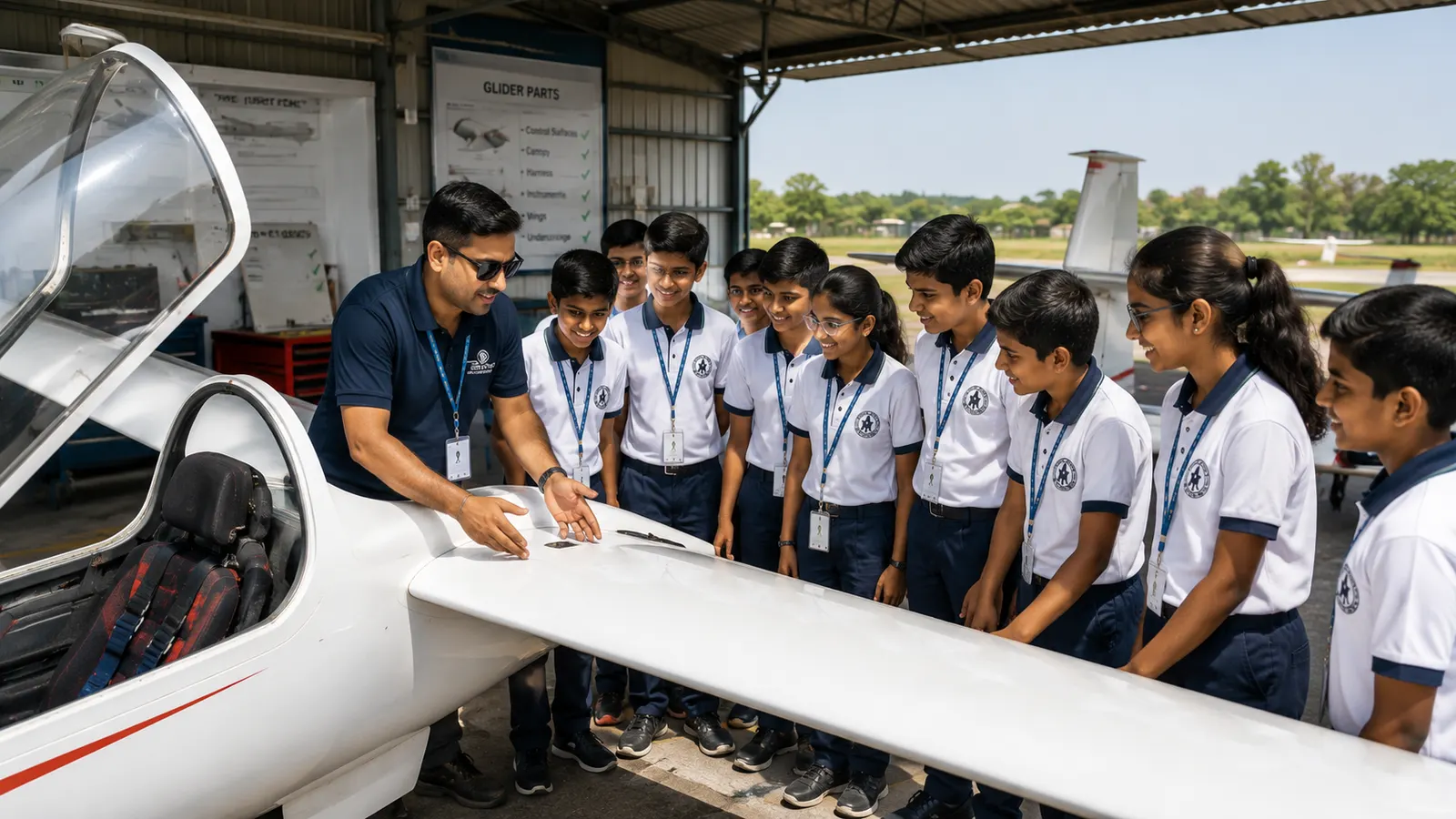 Instructor pointing to a glider wing while students observe