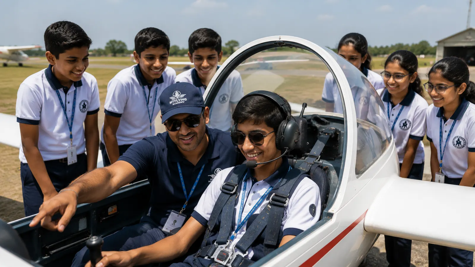 Students wearing headsets inside an aircraft cockpit with instructor