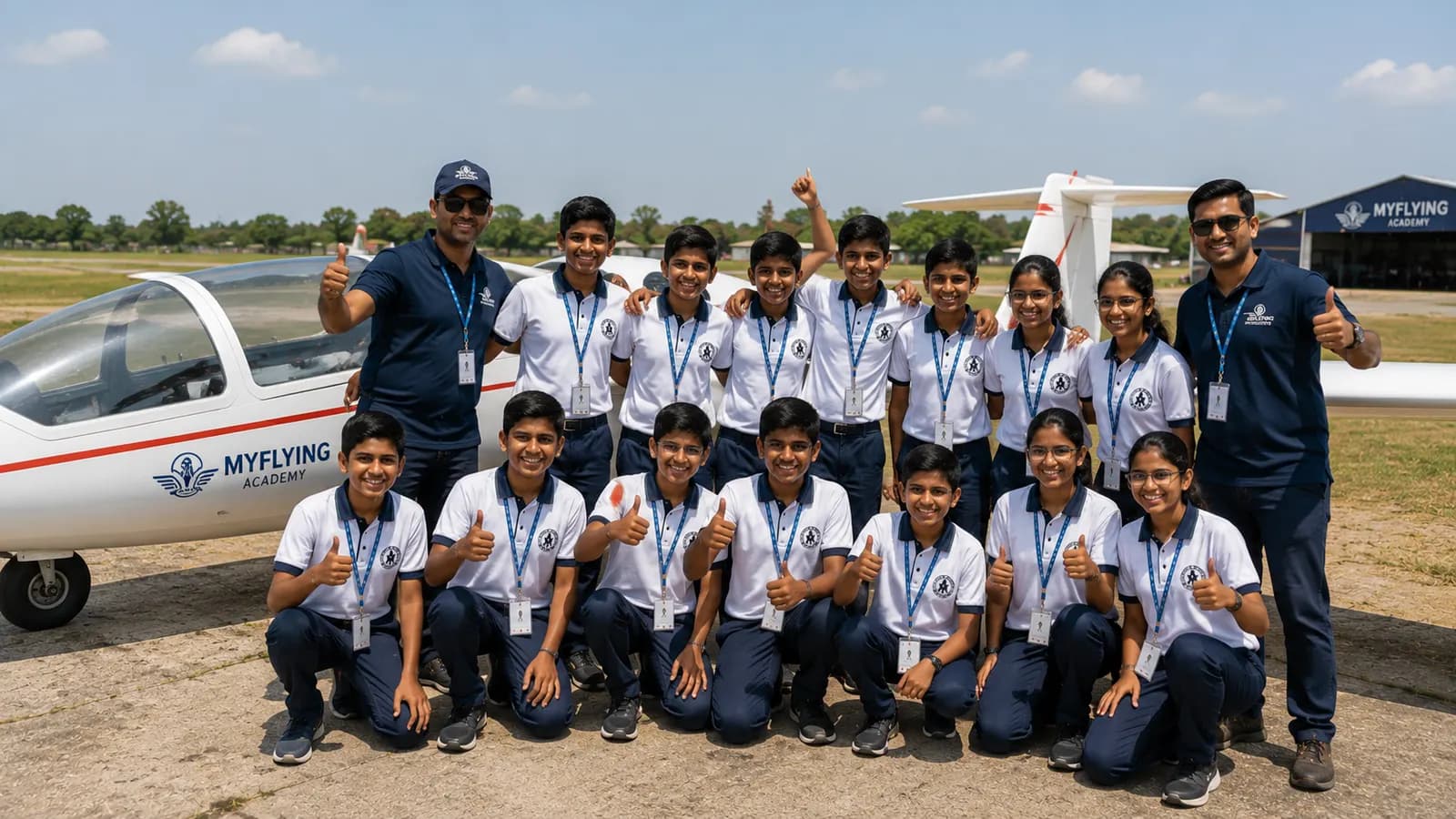 Student group and instructor posing outdoors beside a glider